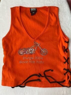 Vintage Biker Design Orange V-Neck Lace-Up Crop Top